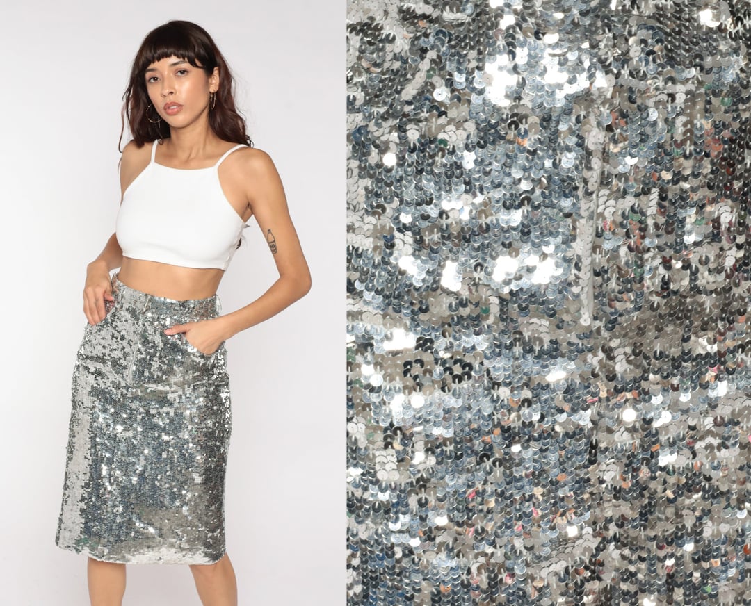 70s Sequin Skirt Silver Pencil Skirt Disco Skirt Party High Shop Exile Tucson AZ