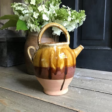 French Pottery Water Wine Pitcher, Mini Lidded Cruche Gargoulette Ochre Mustard Yellow French Farmhouse Terra Cotta Pottery, Antique 