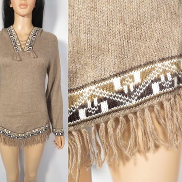 Peru Alpaca Hooded Lace Up Fringe Sweater Size S 