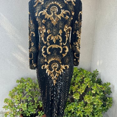 Vintage Eve’s Allure black gold beaded sequins cocktail dress ruched base mermaid fit Sz S 