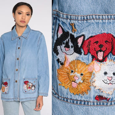 Cats and Dogs Shirt Y2k Embroidered Denim Shirt Jean Animal Button Up Top Boho Hipster Chambray Retro Cat Dog Vintage 00s Long Sleeve Medium 