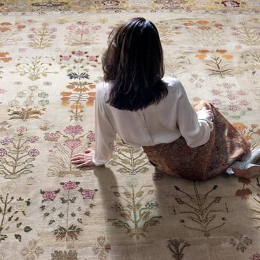 Antique 13’11“ x 15’1“ Allover Botanical Figurative Cream Burgundy Mustard Hand Knotted Wool Low Pile Rug 1800s - FREE DOMESTIC SHIPPING 