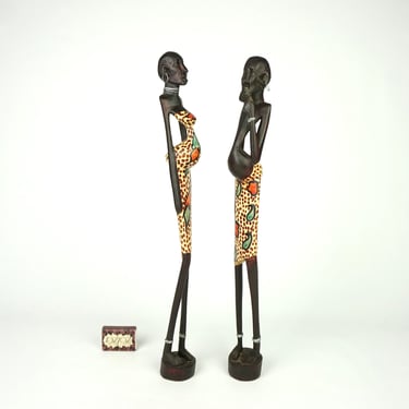 Very high African Statues Man and Woman, a pair of carved figurines from Africa, wooden pair figurines africa, vintage Couple statues Africa 