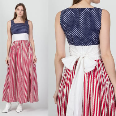 70s Americana Stars & Stripes Maxi Dress - Extra Small | Vintage Novelty Flag Print Sleeveless Boho Long Sundress 