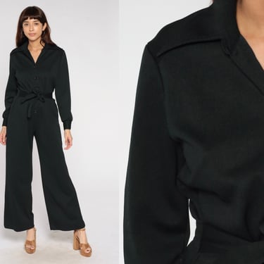 Black Jumpsuit Wide Leg Pants 70s Boho Bell Bottom Bohemian One Piece Button Up 1970s Long Sleeve Vintage Pantsuit Medium Large 