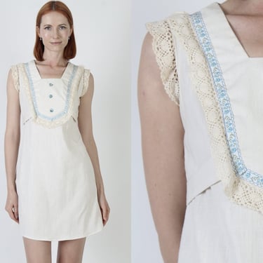 70s Romantic Prairie Dress, Plain Floral Lace Bib, Simple Ivory Party Mini Sundress 