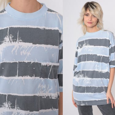 90s Striped T Shirt Surfer Blue Grey Tee Chest Pocket T Shirt Painted Print Retro Tee Vintage Normcore Short Sleeve Small Medium 