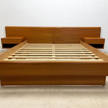 Danish Modern Jesper teak queen floating platform bed with headboard nightstands mid century 