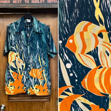 Vintage 1940’s Size L “Catalina” Back Panel Underwater Fish Design Nylon Hawaiian Shirt, 40’s Nylon Shirt, Vintage Clothing 