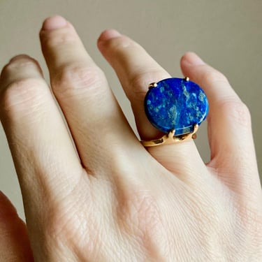 Unique Sculptural 14K Gold Lapis Ring, Vintage Signed Modernist Sz ~7.5 9.1g 