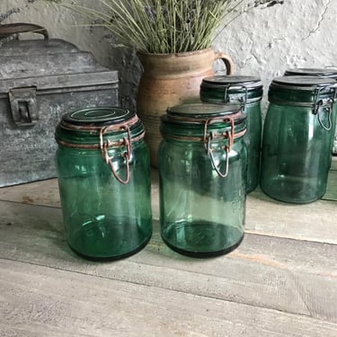 French DurFor Canning Jar, Green Glass Mason Jar, French Country Farmhouse, 2 Available 