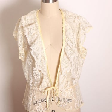 1970s Cream Lace Flutter Short Sleeve Sheer Lace Vest Blouse by Miss Joni -XL 