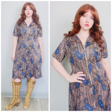 1970s Vintage Brown and Blue Paisley Print Shift Dress / 70s / Seventies Zipper Front Poly Knit Mini Dress / XL - XXL 
