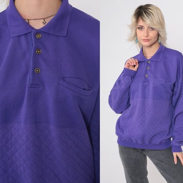Quilted Purple Sweatshirt 90s Sweatshirt Plain Polo Pullover Sweater Long Sleeve Solid Basic Streetwear Vintage 1990s Medium Large 