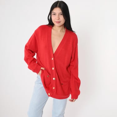 90s Red Cardigan Wool Acrylic Knit Deep V Neck Button up Sweater Plain Basic Solid Retro Preppy Knitwear Vintage 1990s Large L 