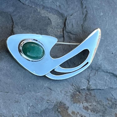 Erika Hult de Corral ~ Vintage Modernist Mexico Sterling Fish Brooch / Pin with Green Oval Stone Eye 