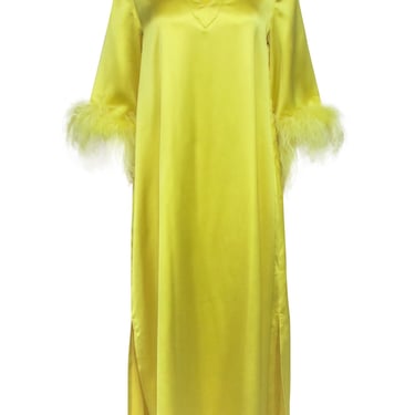 Tuckernuck - Citron Yellow Maxi Caftan Dress w/ Feather Trim Sz S