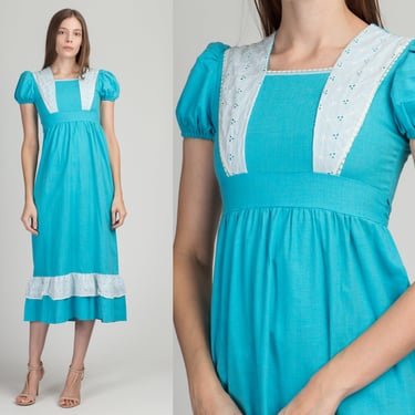 70s Blue & White Prairie Dress - Girls Size 12 | Vintage Children's Boho Puff Sleeve Maxi Dress 