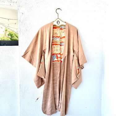 Vintage Japanese Kimono Silk Cardigan Beige Minimalist Asian Cloud Robe 