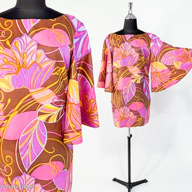 1960s Pink Floral Mini Dress | 60s Pink & Brown Flower Mini Shift | Hawaiian Flowers Dress |  Liberty House | Medium 