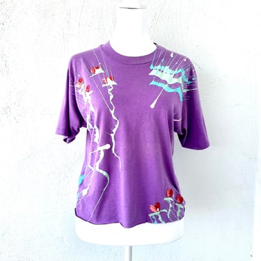 Vintage 80s Splatter Paint Glitter Tshirt Single Stitch Artsy Purple Hearts Shirt 