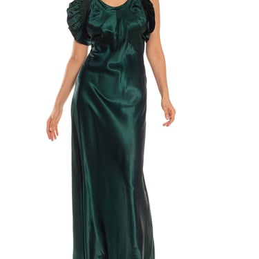1930S Emerald Green Bias Cut Acetate Duchess Satin Open Back Ruffled Gown 