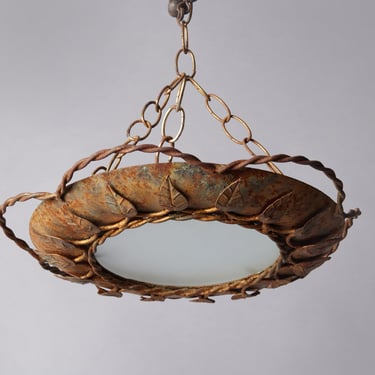 1940's Spanish Gilt Iron Ceiling Light with Frosted Center Lens