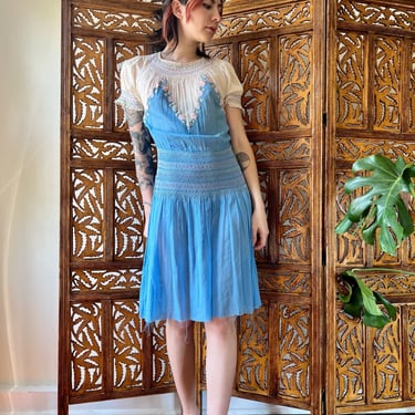 1940s Sheer Dress / Hungarian Embroidery / Peasant Dress / Thirties Daywear / Forties Dress / Blue Cotton See Through Dress / Garden Party 