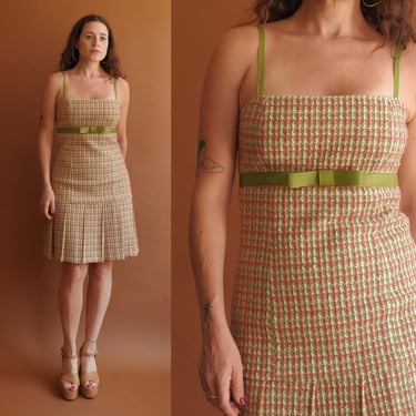 Vintage Y2K Betsey Johnson Tweed Dress/ Green and Pink Chanel Style Dress/ Size Small 