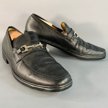 BALLY Size 12 Cadore Black Silver Tone Pebble Grain Leather Horsebit Loafers