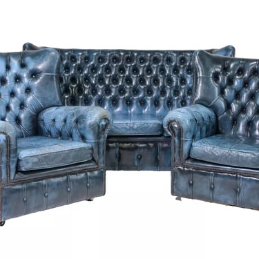 Sofa, Chairs, 2, Wing Back, British, Blue Leather, Chesterfield, Set of 3!!