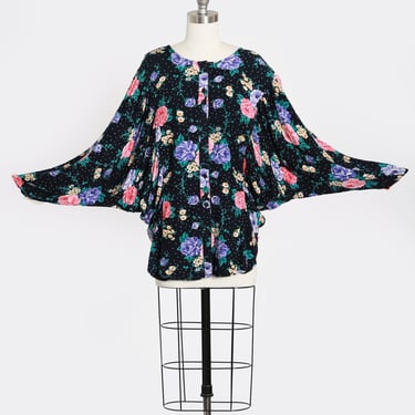 Vintage 80s Batwing floral rose rayon blouse 