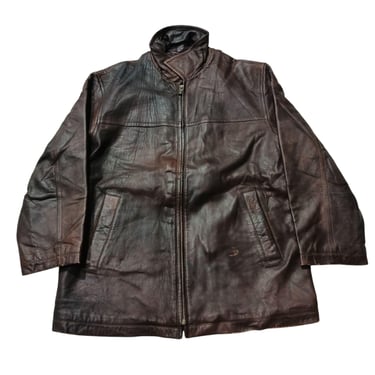 Vintage Oversize Distressed Leather Jacket | Men's Leather Full Zip Coat | Retro Brown Winter Outerwear Coat | Size L | Made in Korea 