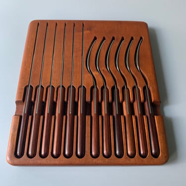 Mid Century 13-Piece, Walnut-handled Fork and Knife Set with Storage Block 