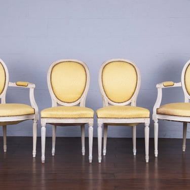 Antique French Louis XVI Painted Dining Chairs W/ Yellow Silk - Set of 4 