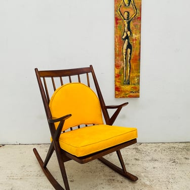 Danish Teak Rocking Chair with Yellow Cushions
