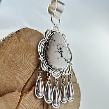 Sterling Silver White Buffalo Stone Pendant | Handmade Navajo Pendant Signed and Designed by Gilbert Tom Jewelry | 