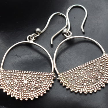 80's Egyptian 800 silver beaded tribal dangles, Cairo silver spiked half moon hippie hoop earring 