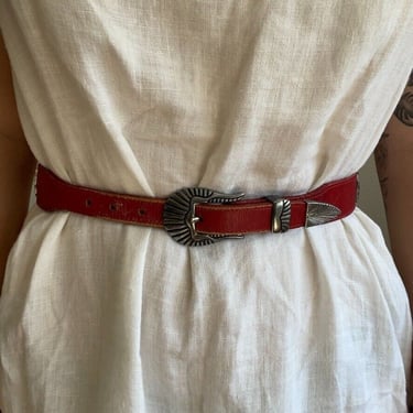 Vintage 90s Red Leather Silver Buckle Western Aztec Cowgirl Belt Sz M 
