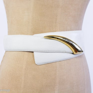 1980s White Leather Belt | 80s Wide White Leather Belt | White Faux Lizard Belt | Liz Claiborne | Medium 