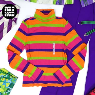 DEADSTOCK Vintage 00s Colorful Pink Green Purple Orange Stripe Stretch Turtleneck Top 