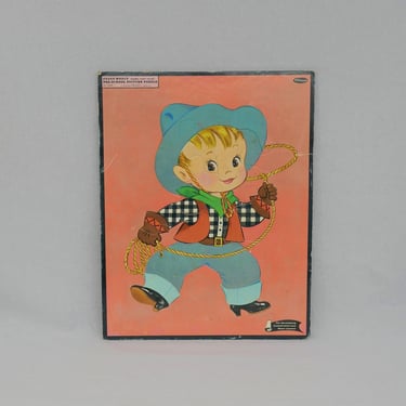 1960 Fuzzy Wuzzy Whitman Preschool Frame Tray Puzzle - Little Cowboy w/ Flocked Pants & Hat - 12 Pieces, 11 1/2" x 14 1/2" - Vintage 1960s 