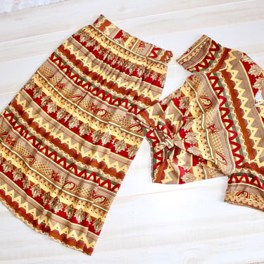 Vintage 80s Silk Blouse Skirt Set, 1980s 2 Piece Set, Matching Set, Abstract Geometric Print, Boho, Boxy, Midi, Paisley 