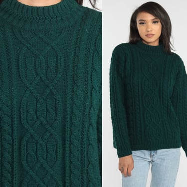 Green Cable Knit Sweater 90s Mock Neck Sweater Boho Grunge Pullover Retro Normcore Hipster Plain Acrylic Cableknit Vintage 1990s Medium M 