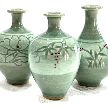 VINTAGE: 3pc - Small Korean Celadon Glazed Crackled Ceramic Vase Set - Asian Vase - Floral Vase SKU 00034970 