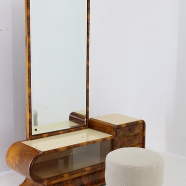 1930s Rare Art Deco Vanity Mirror Cabinet in Walnut Finish and Stool, Czechoslovakia 