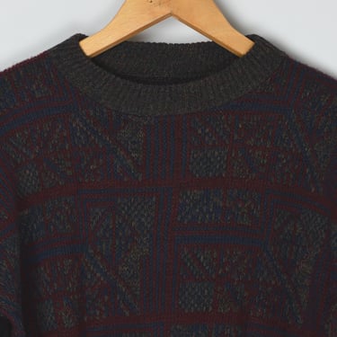 Vintage 90s Dark Red & Olive Patterned Knit Sweater - nineties, marled, pullover, crew neck - Men's L 