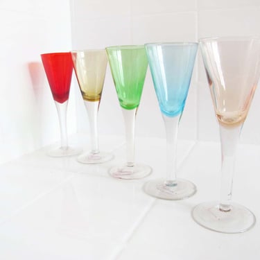 Vintage Multicolor Crystal Cordial Cocktail Glasses set of 5 - Hand Blown Small Glass Flute Aperitif Digestif Barware 