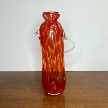 Vintage Art Glass Vase Carafe Signed Red and Orange Applied Glass Handle 