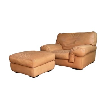 Vintage Roche Bobois Club Lounge Chair and Ottoman in Peach colored leather 